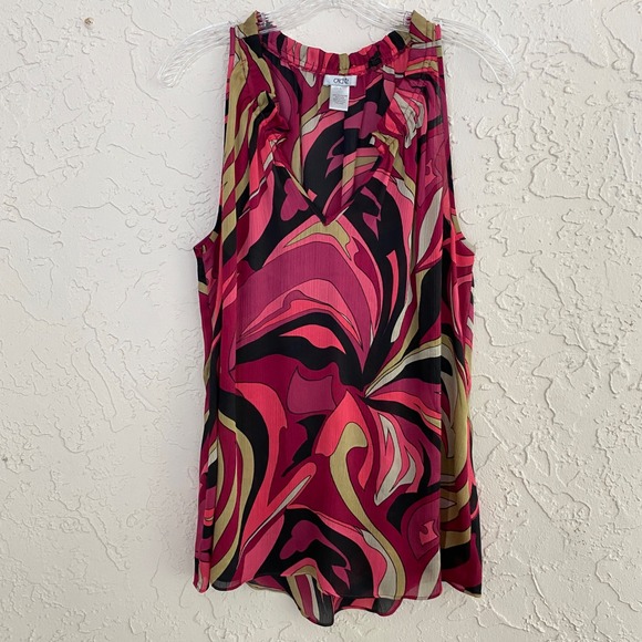 Cache Tops - Cache Y2K Funky Print Tank Top Women Large Pink Abstract V-Neck Ruffle